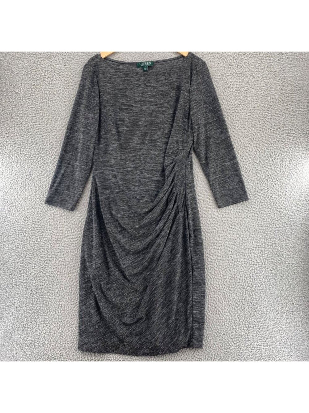 Lauren Ralph Lauren Dress Womens 12 Gray Heathered Bodycon Pleated Travel Knit